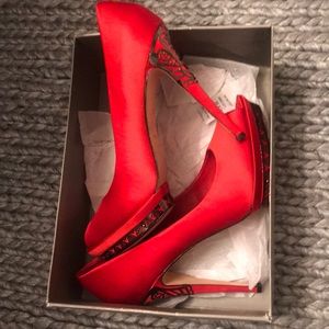 BCBG Red satin platform heels w/ metal heel detail
